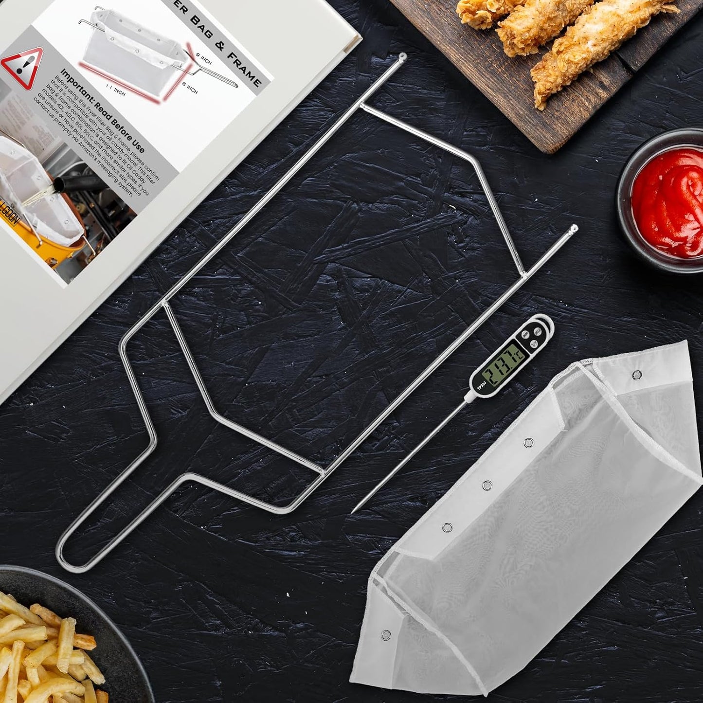 Fryer Filter Bag & Frame Set, Reusable Oil Strainer for 70 lb Cooking Oil, Fine Mesh to Capture Crumbs, Durable for Home & Commercial Use, with 1 Professional Food Thermometer