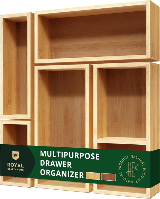 ROYAL CRAFT WOOD 5-Piece Bamboo Drawer Organizer Set – Multi-Use Storage Trays for Kitchen, Bathroom, Office, Makeup, Jewelry & More – Junk Drawer Tray, Utensil Holder, Storage Box & Bin Set (5 Boxes)