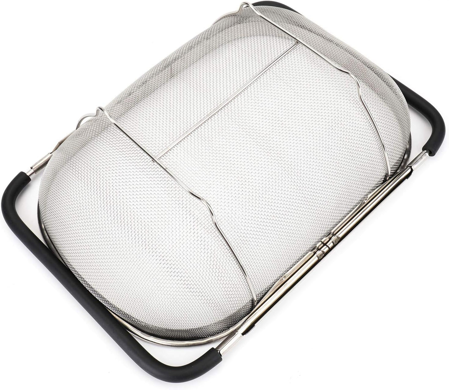 Suwimut 2 Pack Over the Sink Oval Colander for Kitchen, Stainless Steel Fine Mesh 6 Quart Strainer Basket with Expandable Rubber Grip Handles for Straining, Draining, Rinsing Fruits, Vegetables