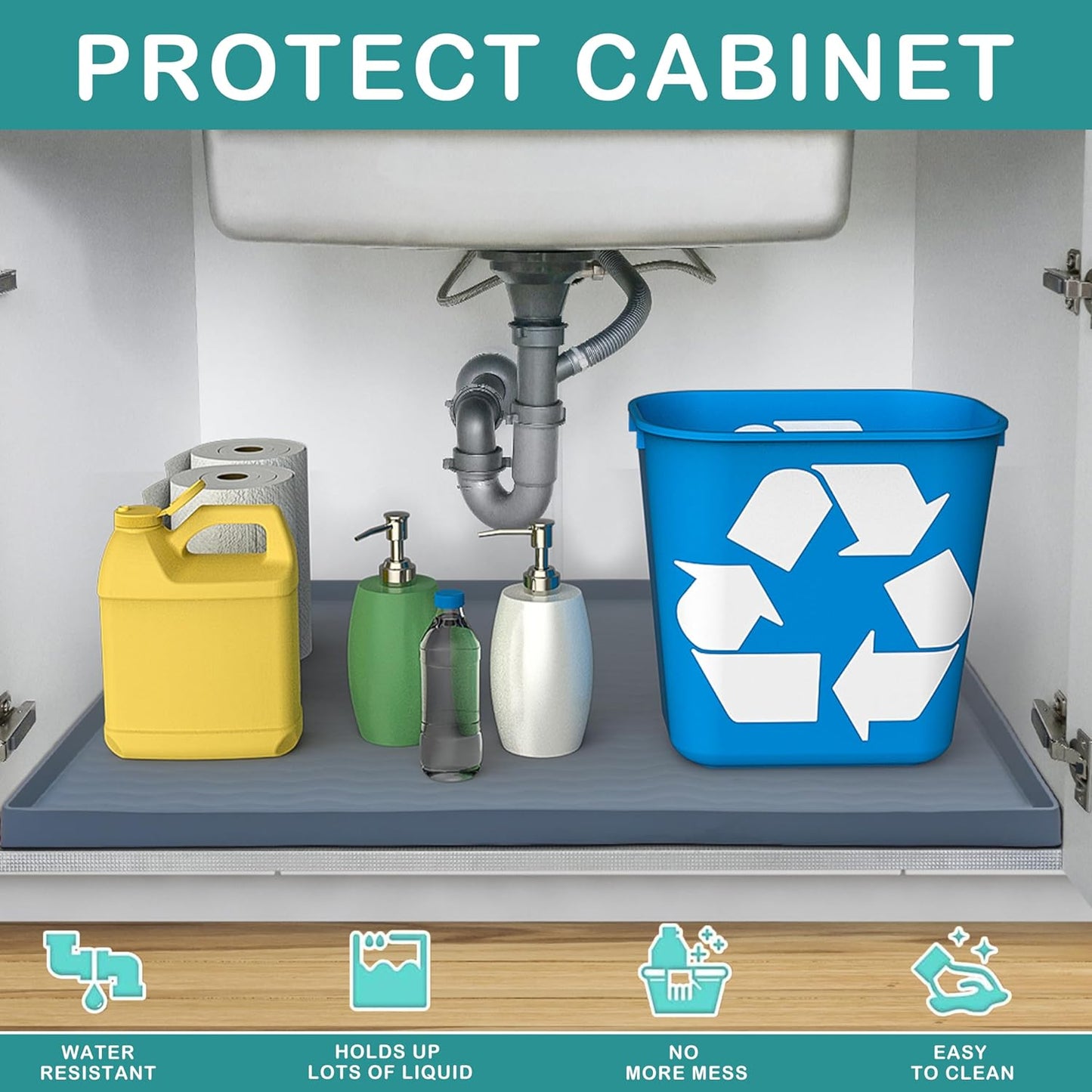 URMONA Waterproof Silicone Under Sink Mat 22'' x 14'' Shelf Liner for Kitchen and Bathroom, Cabinet and Counter Protector, Storage and Organizers, Litter Mat, Pet Cat Puppy Essentials(Beige)