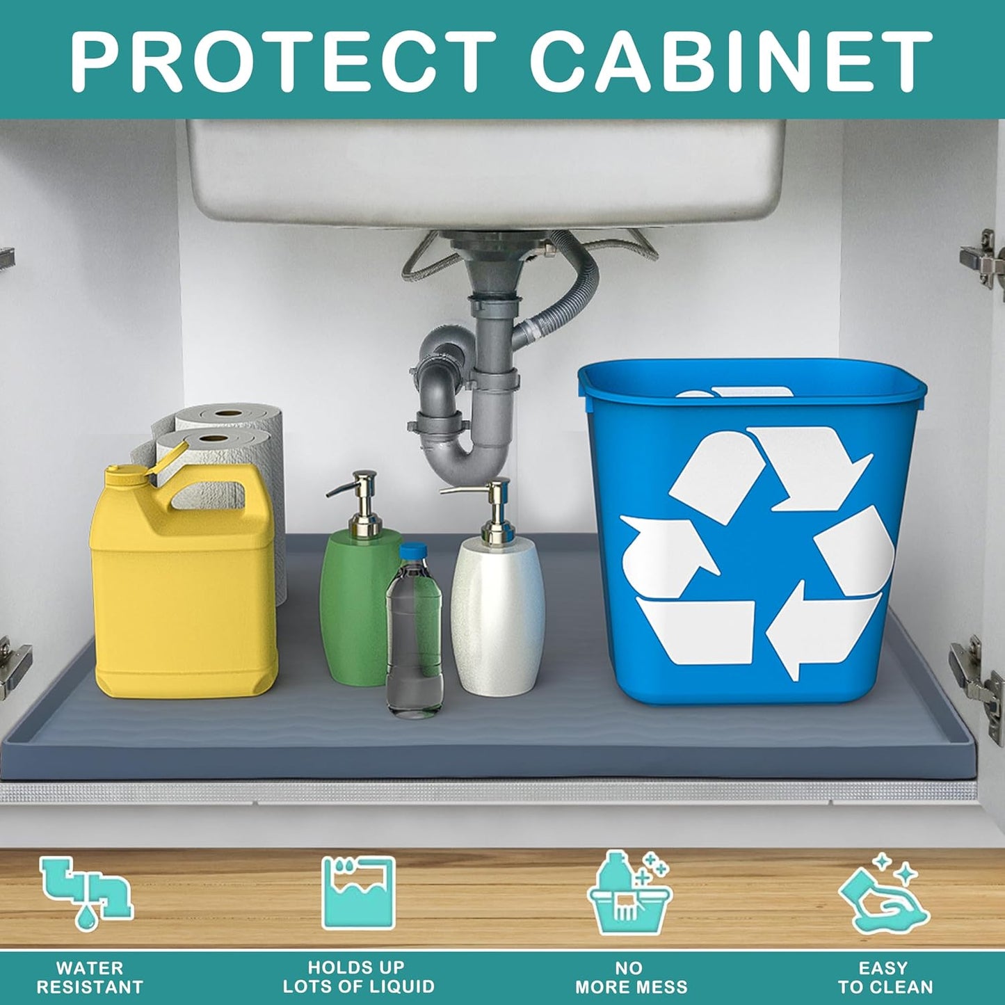 URMONA Waterproof Silicone Under Sink Mat 37'' x 22'' Shelf Liner for Kitchen and Bathroom, Cabinet and Counter Protector, Storage and Organizers, Litter Mat, Pet Cat Puppy Essentials(Dark Grey)