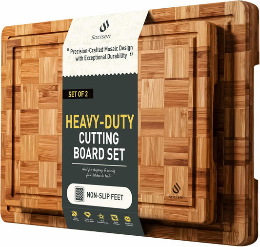 2 Pack Heavy Duty Bamboo Cutting Board Set Non Slip Over Sink Solid End Grain Thick Wood Chopping Board Extra Large Big Small Best Organic Hardwood Wooden Kitchen Essential New Home Housewarming Gift