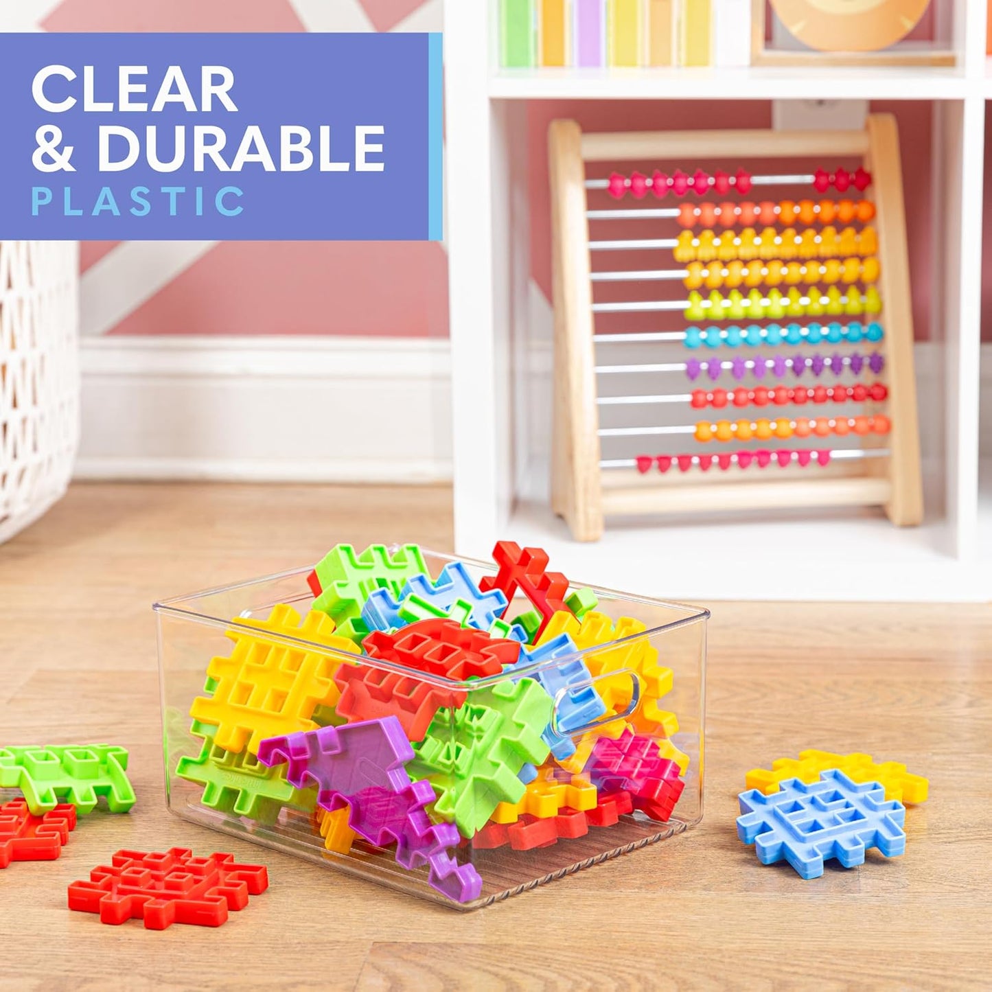 Plastic Food Storage 2 Pack Clear Container Bin with Handles for Organizing Kitchen, Pantry, Refrigerator, Freezer, Pantry, Cabinet, Closet, Bathroom 10”x8”x5”