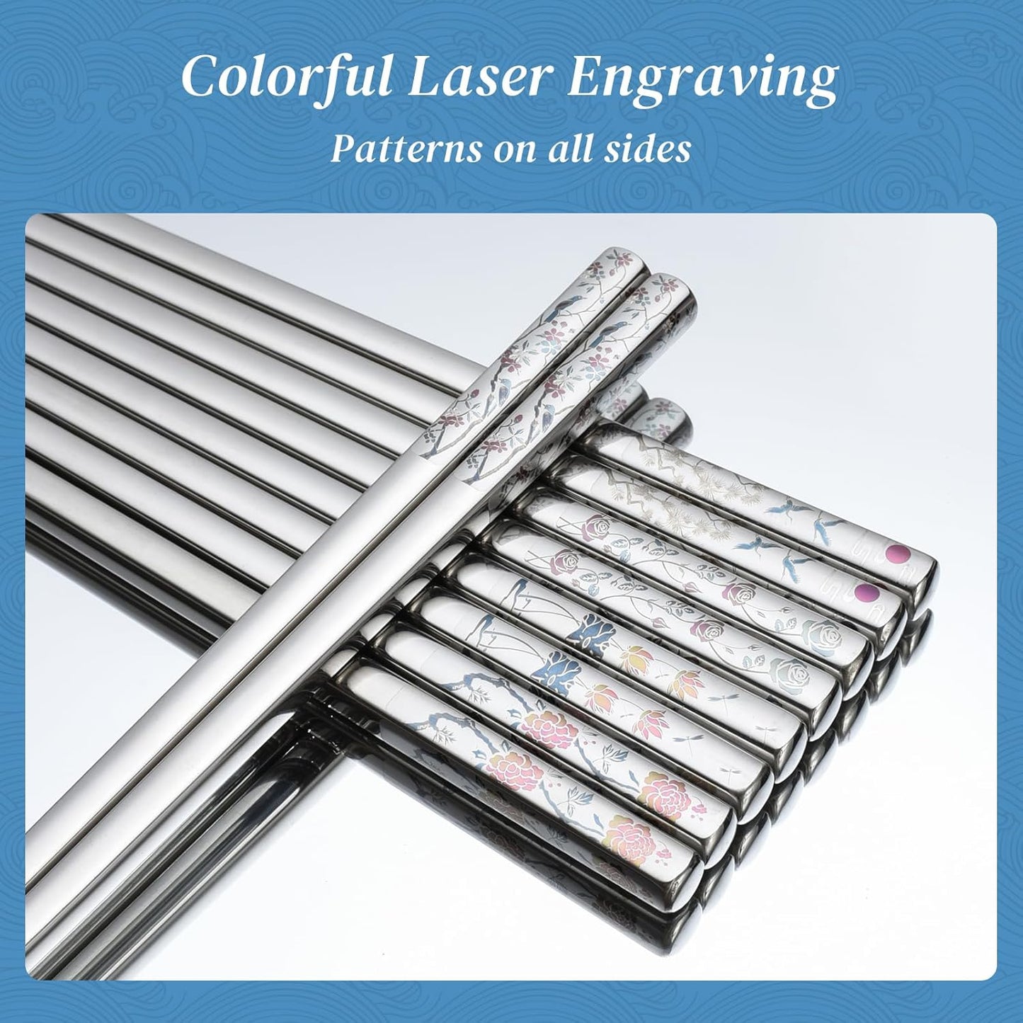 Stainless Steel Chopsticks, Titanium Plated Metal Chopsticks, 9.8" Premium Japanese Korean Color Laser Engraved Cooking Chop Sticks, Dishwasher Safe, Reusable, Anti-slip, Anti-scald, 5 Pairs Gift Set