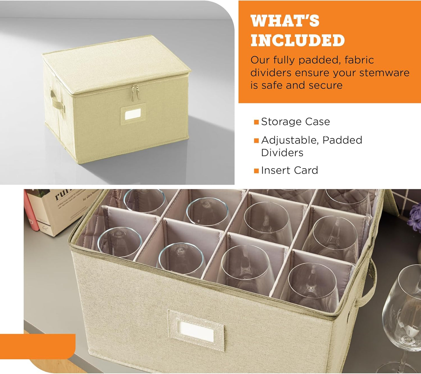 storageLAB Wine Glass Storage Containers, Hard Shell Organizer for Stemware and Glassware Sets, Stackable Wine Glass Storage Box with Dividers for Kitchen and Moving Supplies - 1 Pack, Cream