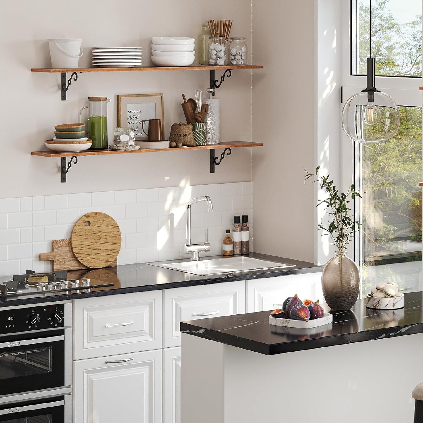 DINZI LVJ Long Wall Shelves, 47.3 Inch Large Floating Shelves Set of 4, Wide Display Shelf Wall Mounted with Brackets, Easy Hanging for Living Room, Toilet, Office, Bedroom, Rustic Brown