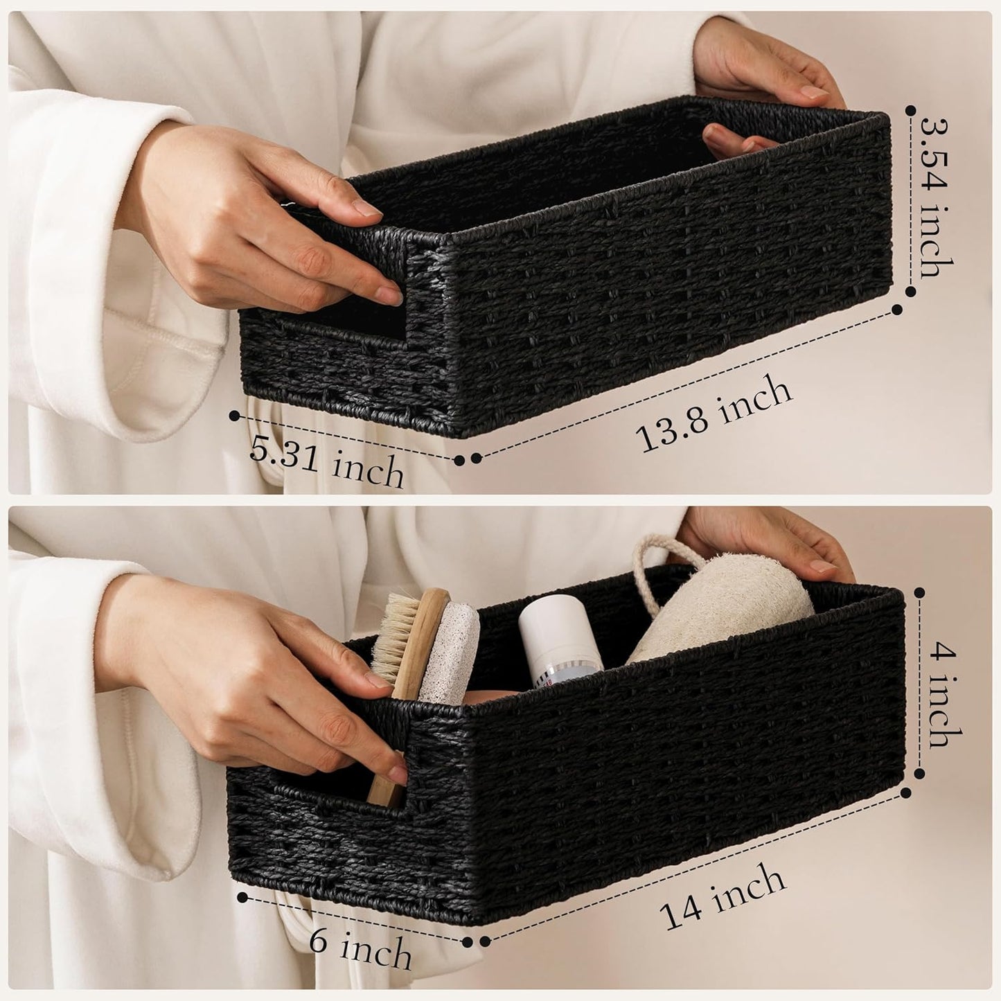 UBBCARE Toilet Tank Basket for Bathroom, Hand Woven Paper Wicker Basket for Organizing, Countertop Decorative Storage Basket with Handles, 2-Pack, Black