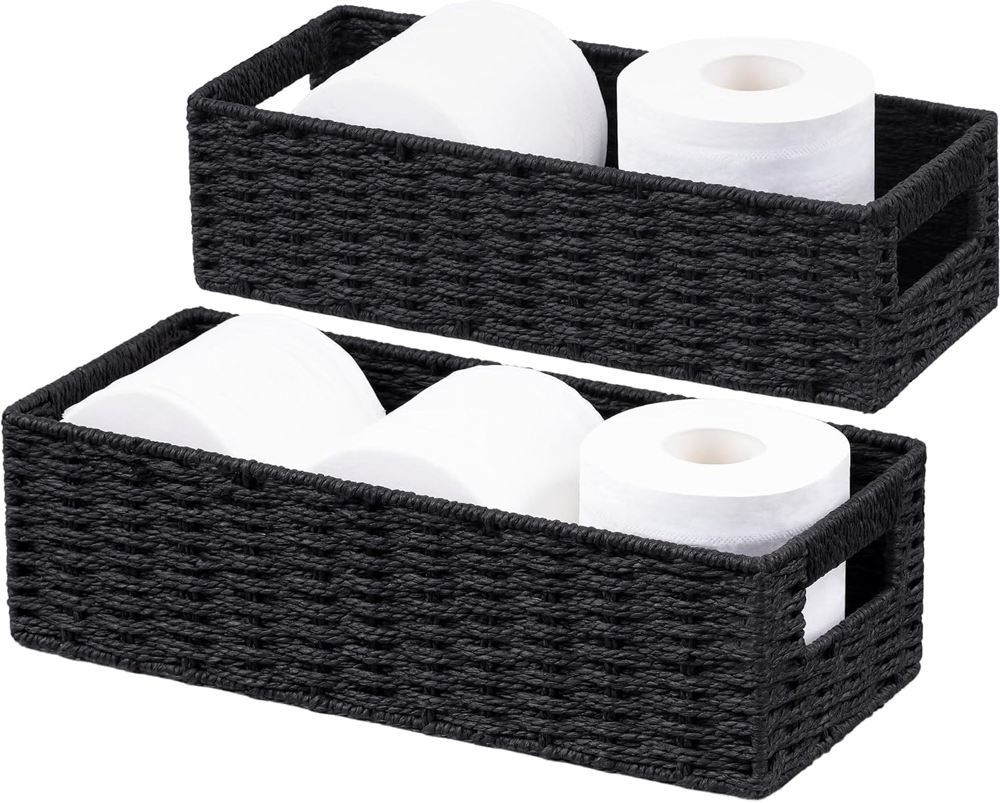 UBBCARE Toilet Tank Basket for Bathroom, Hand Woven Paper Wicker Basket for Organizing, Countertop Decorative Storage Basket with Handles, 2-Pack, Black