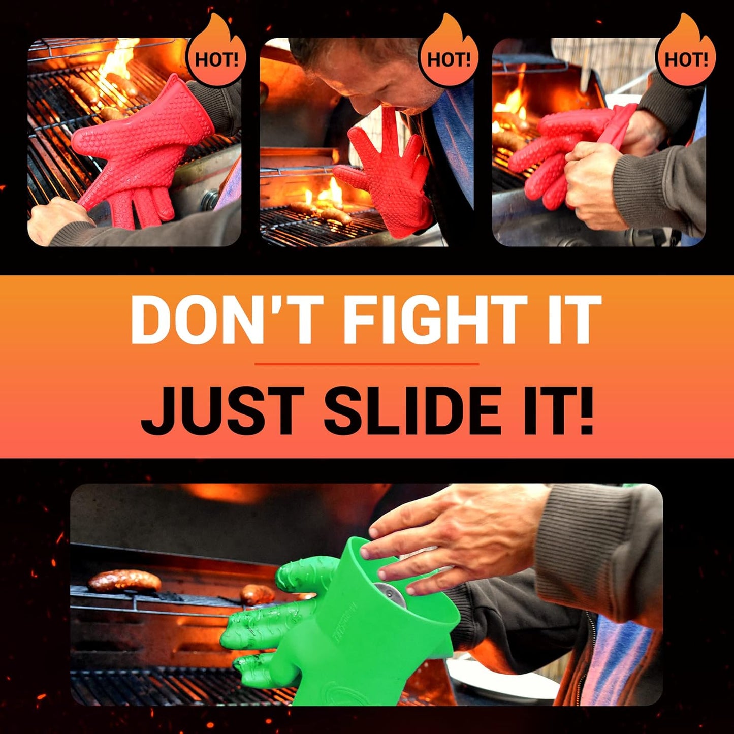 MagneCHEF Heat Resistant Silicone BBQ Gloves- Ergonomic Web fit Allows for Firm Grip- Patented Magnet Safety Clip Allows for Rapid Release of one or Both Hands- Grip Waves for Pulling Pork (Green)