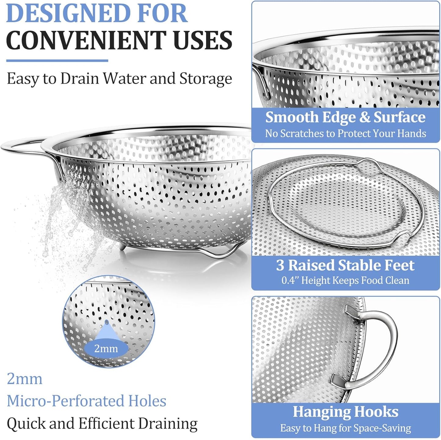 TeamFar Colander Set of 3, Stainless Steel Perforated Metal Colander Strainer with Handles for Spaghetti, Pasta, Berry, Rust Free & Dishwasher Safe - 1/3/5-quart