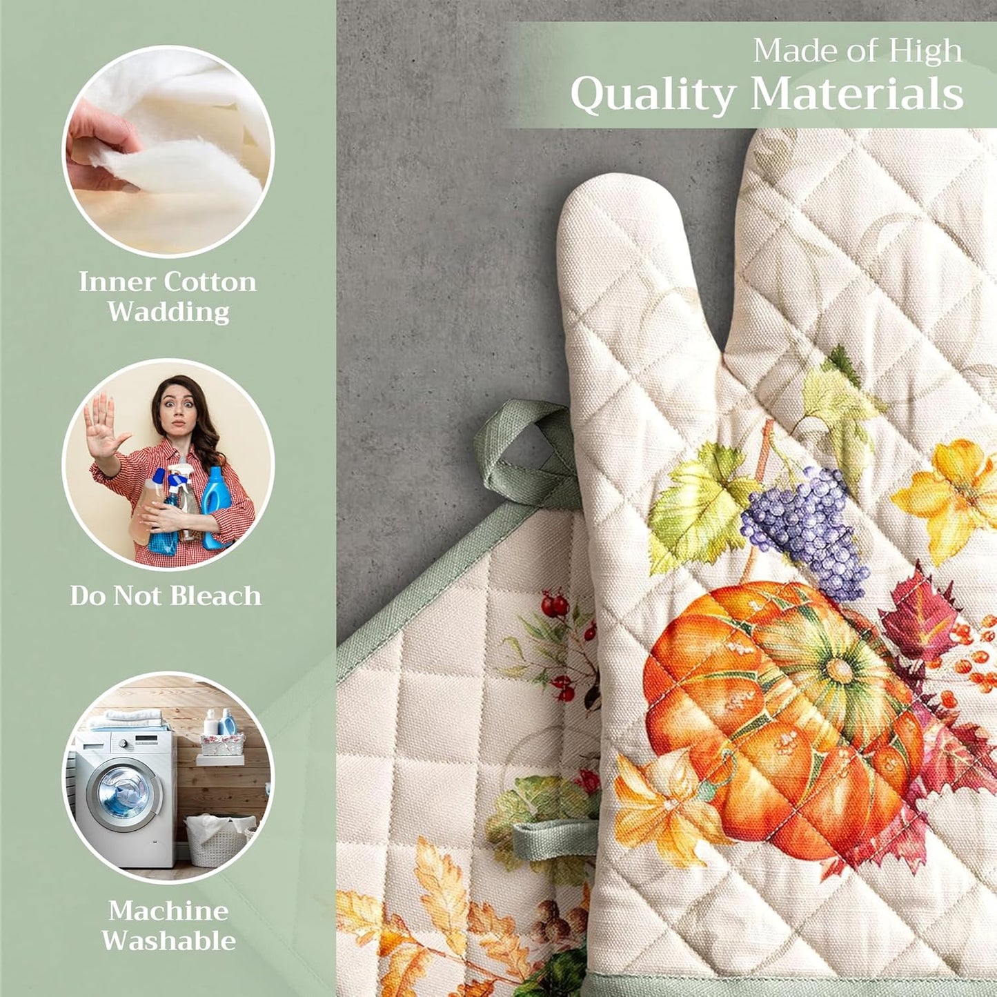 Maison d' Hermine 100% Cotton Oven Mitt & Pot Holder Set (7.5"x13" & 8"x8") Heat Resistant BBQ Cooking Gloves with Loop, Baking, Grilling, Kitchen, Handling Hot Pans (Lumina)