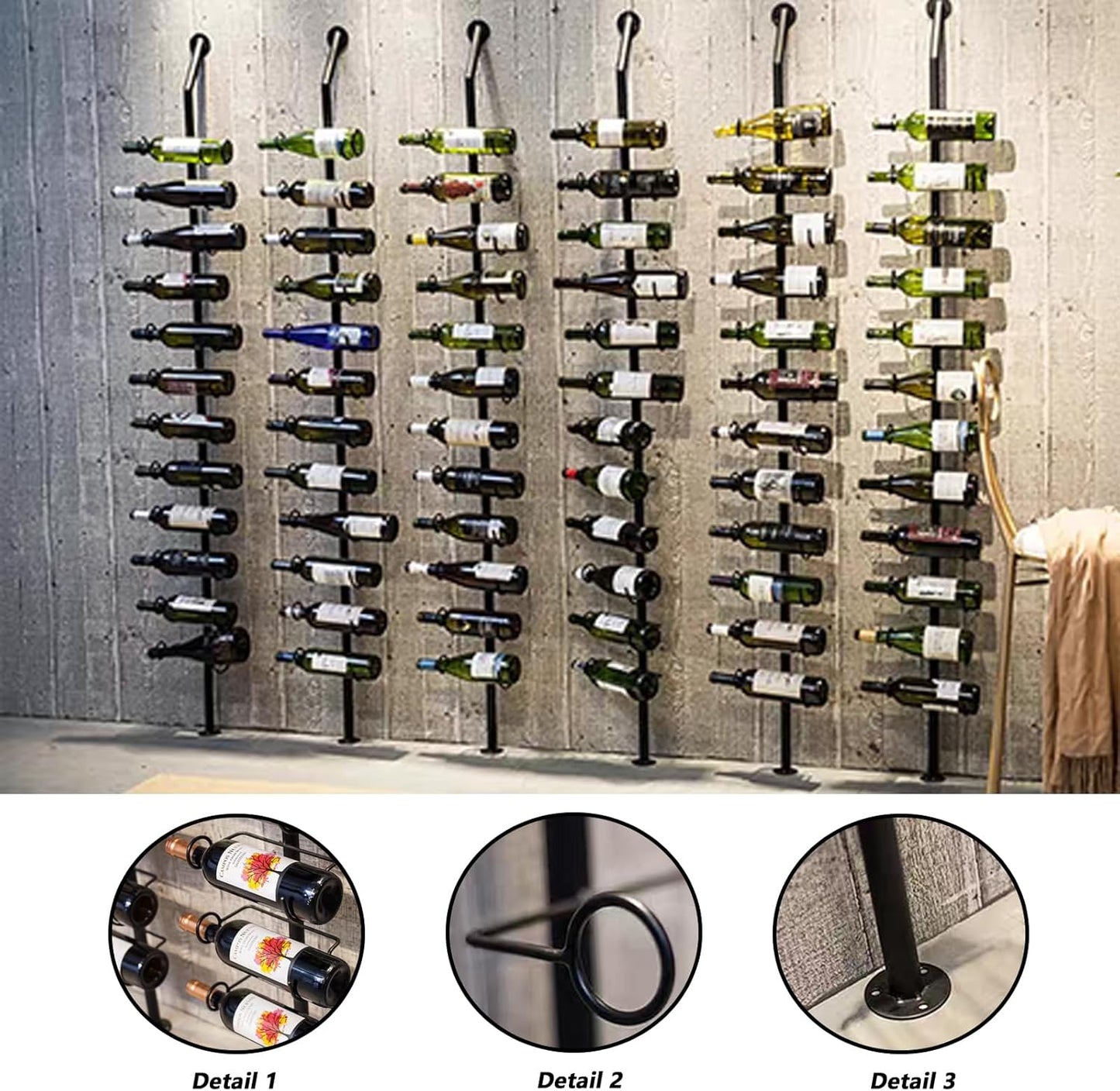 Wine Rack Wall Mounted, 72.8in High Metal Wine Bottle Holder for 12 Bottles, Kitchen Organization and Wine Storage for Commercial Restaurants Pantry Bar Wine Cellar (Black, Four rows-48 Bottles)
