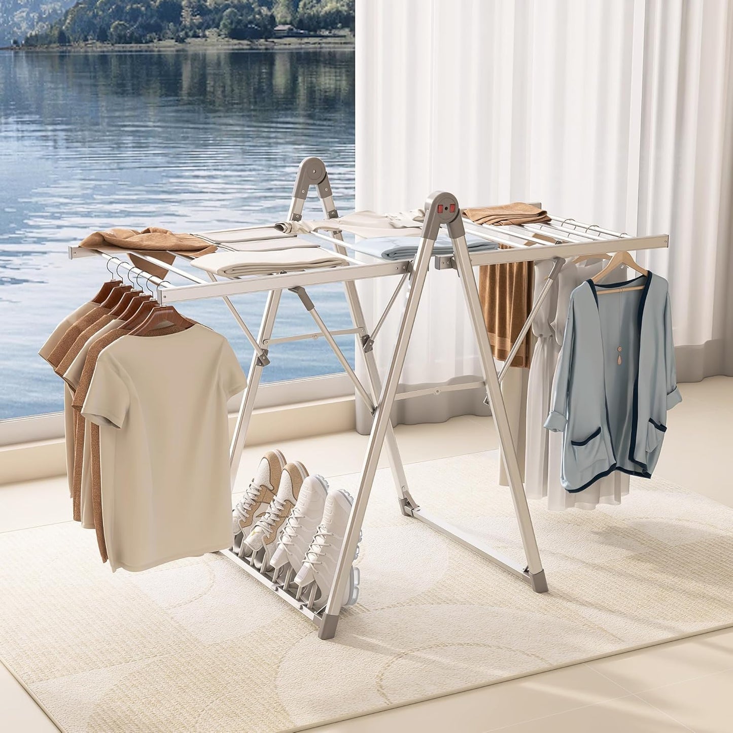 Electric Heating Clothes Drying Rack,Foldable Clothes Drying Rack,Suitable for Drying Clothes, Shoes and Socks.Plug & Play,Silvery Gray,Aluminum Alloy,One-Click Switch(39.37×52.56×25.98in)