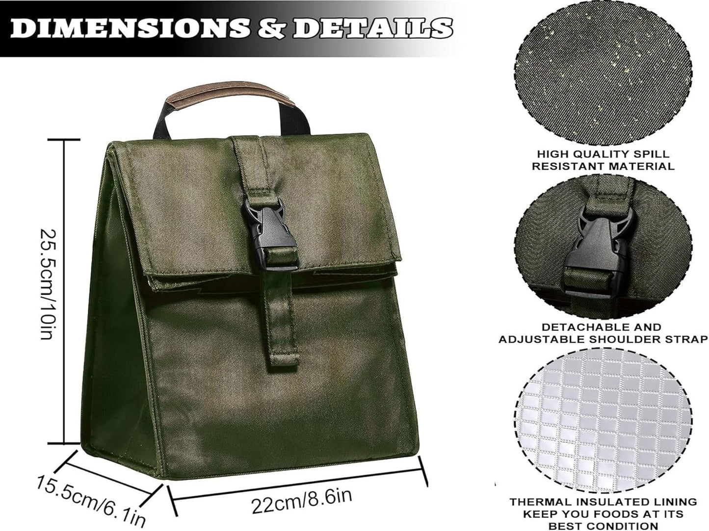Insulated Foldable Lunch Bag- Lightweight Portable with Adjustable Shoulder Strap Lunch Box for Men, Women, Office, Work, Picnic, Hiking and Beach (Army Green(Soft Fabric))