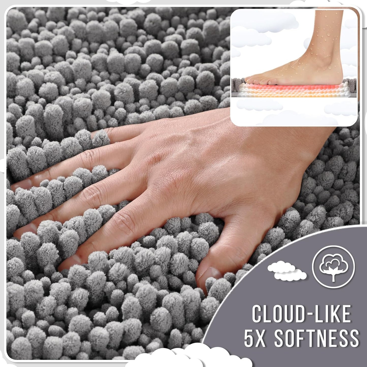 Yimobra Bathroom Rugs Non Slip Washable 24x17 Inch - Ultra Soft Absorbent Chenille Bath Mat, Quick Dry Shaggy Floor Carpet for Tub Shower, Gray Home Decor Accessories