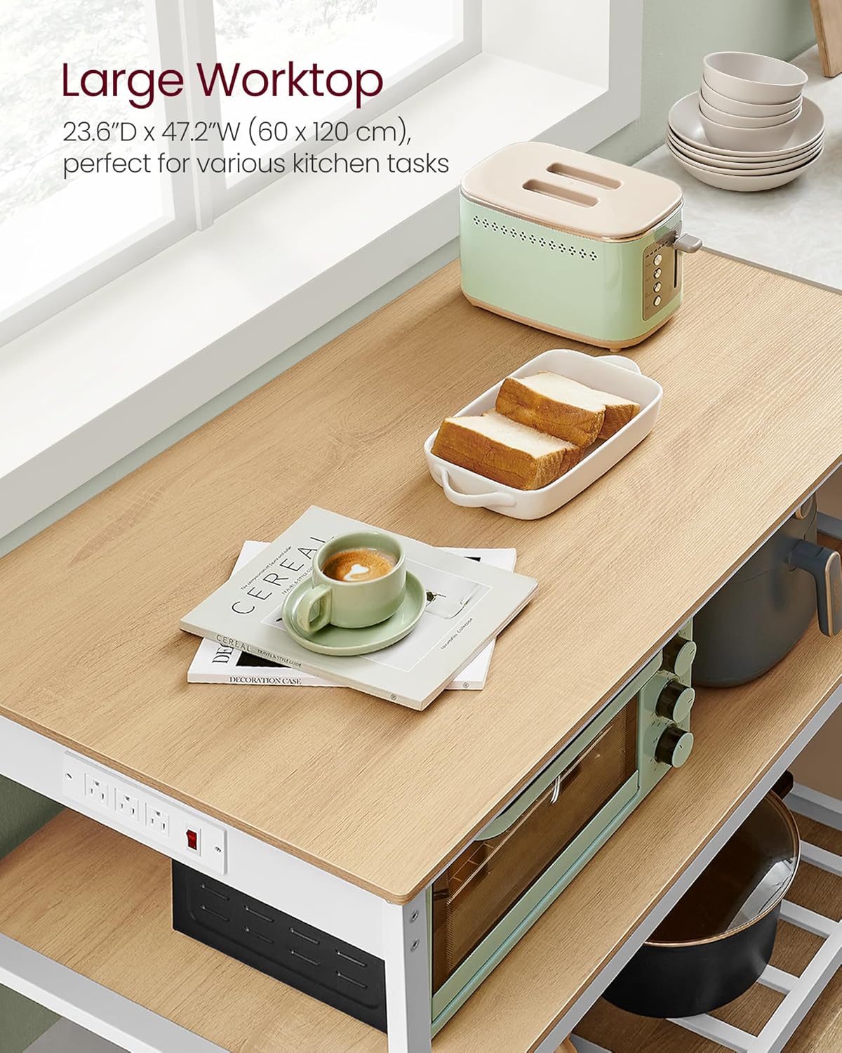 VASAGLE Kitchen Island with 3 Shelves, Kitchen Shelf with Power Strip, 23.6 x 47.2 x 34.9 Inches, Large Worktop, Steel Structure, Industrial, Easy to Assemble, Oak Color and White UKKI101Y01