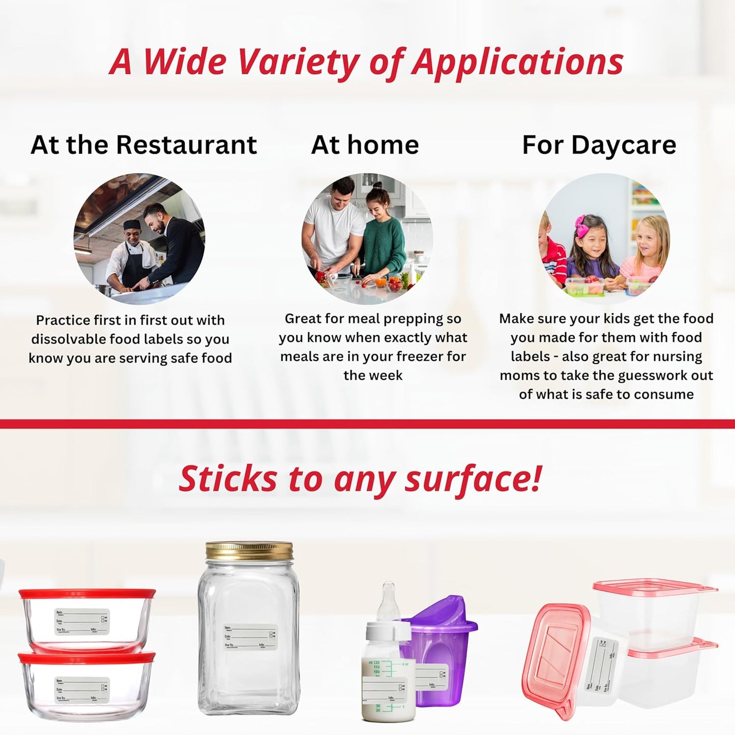 2x1 Dissolvable Food Labels, 250 Label Stickers, Bottle Labels for Storage Bins, Sticker Labels for Food containers, (250, Red)