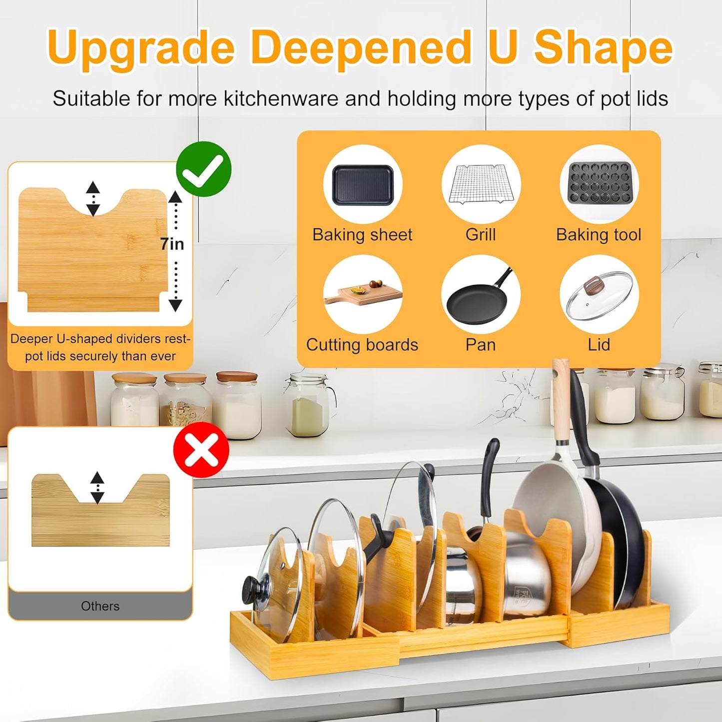 MinBoo Bamboo Expandable Pot Lid Organizer Pot Lid Holder, Pot and Pan Organizer Drawer Organizer for Pot Lids, Adjustable Dividers for Kitchen Cabinet Organizers and Storage,Large