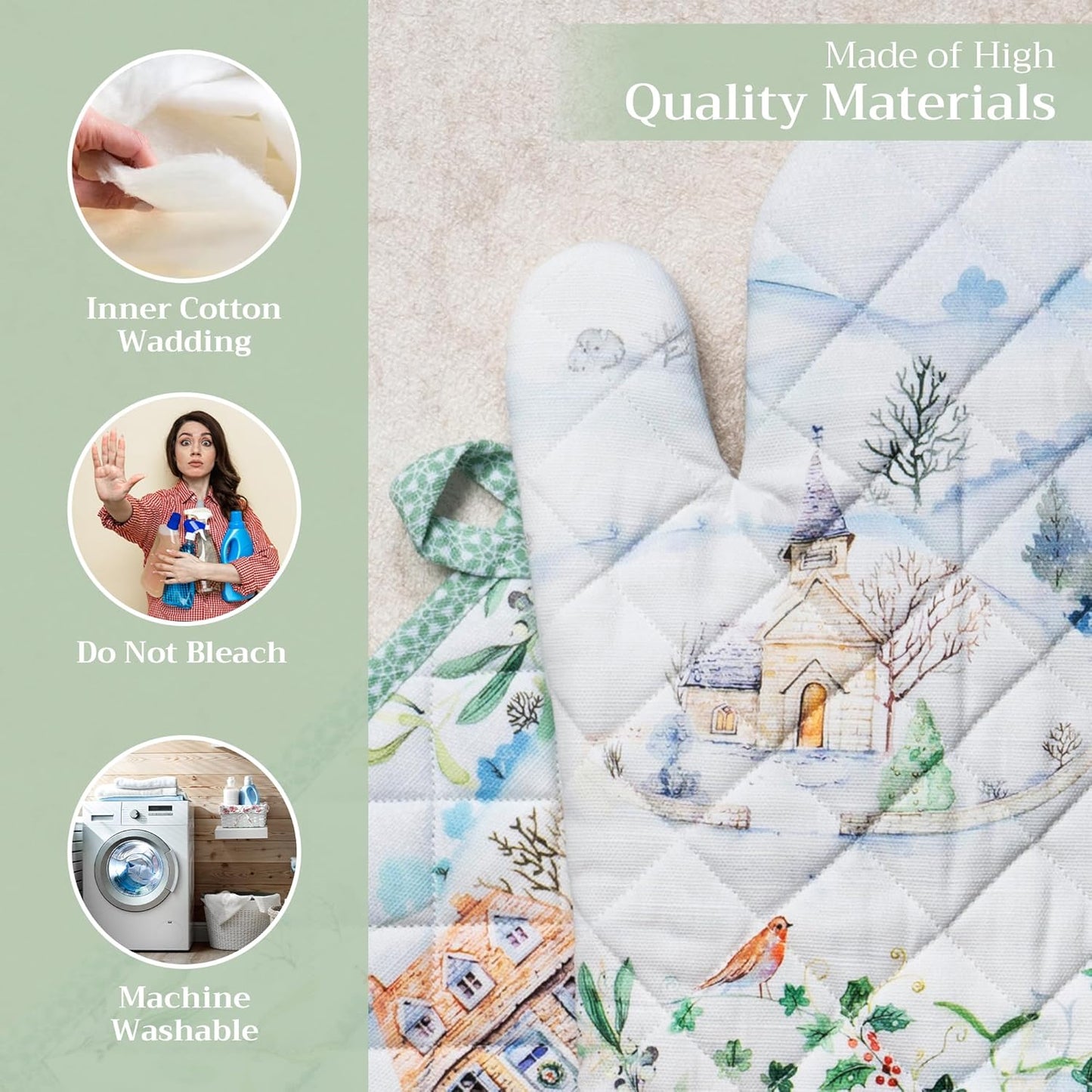 Maison d' Hermine 100% Cotton Oven Mitt & Pot Holder Set (7.5"x13" & 8"x8") Heat Resistant BBQ Cooking Gloves with Loop, Baking, Grilling, Kitchen, Handling Hot Pans (Snowy World)