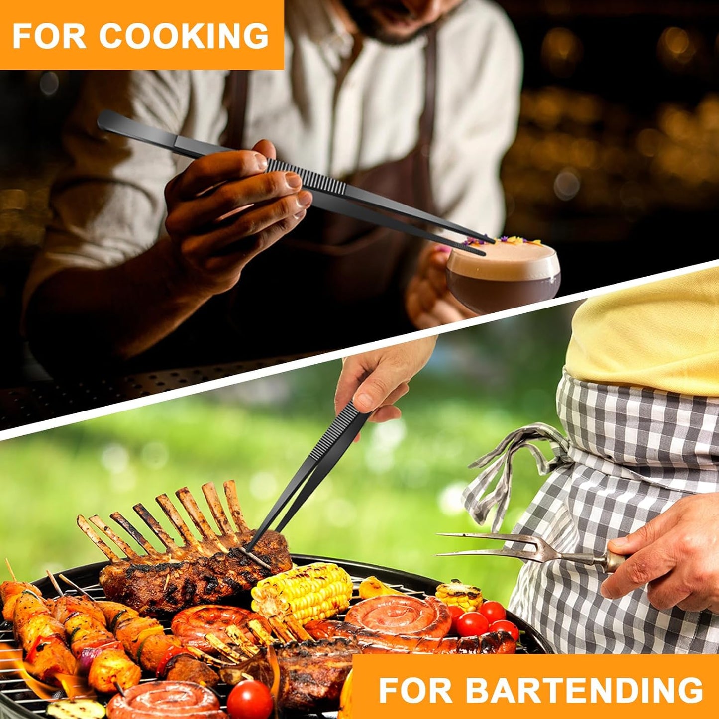 Yaomiao 4 Packs 10 Inch Bar Tweezers Black Long Garnish Tongs Stainless Steel Kitchen Cooking Tongs Tweezers for Food Cocktail Korean BBQ Bartender Chef, Multi-use