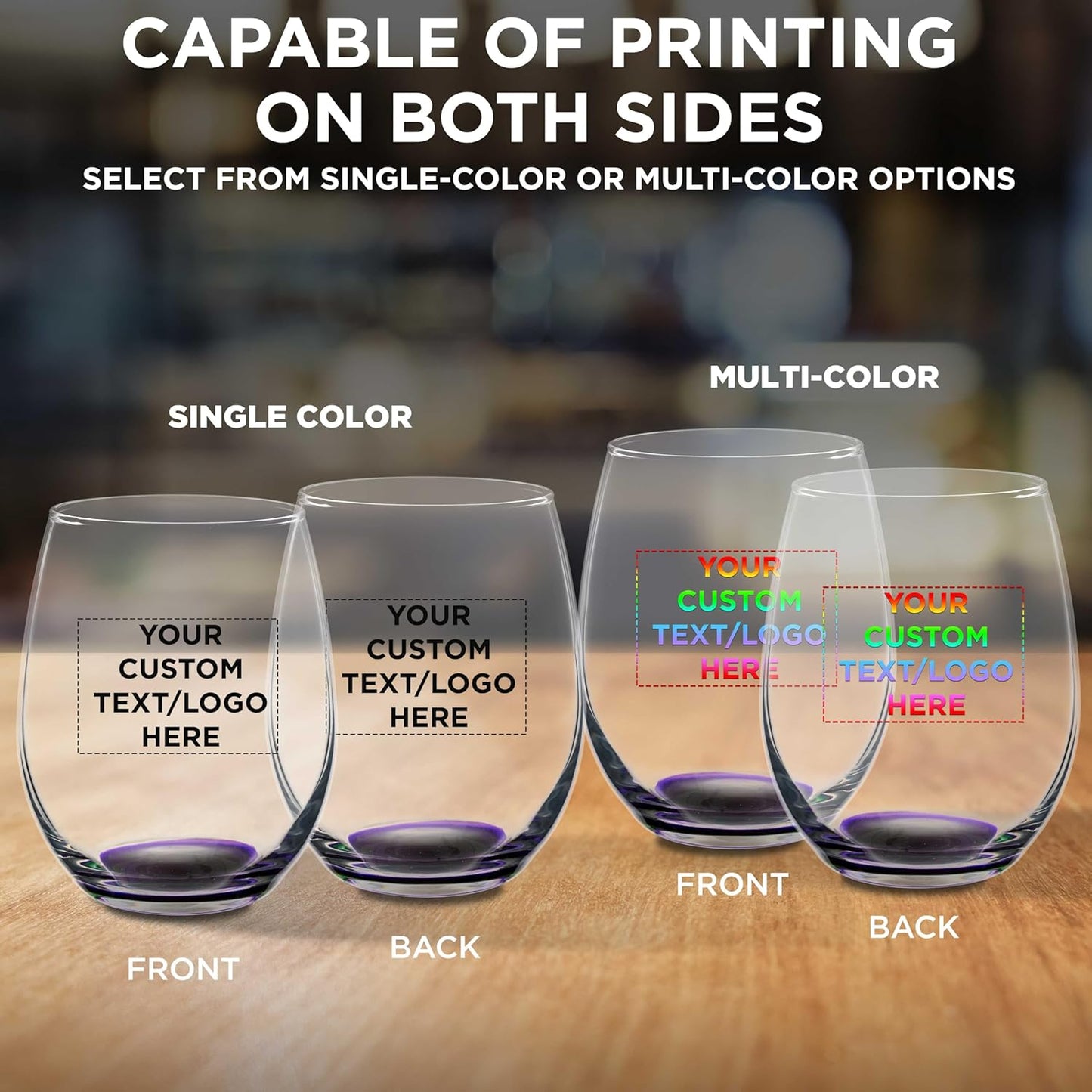 Custom Stemless Wine Glasses in Bulk by ARC Perfection, 15 oz, 50 pack, Personalized Text, Logo, Purple or White Wine Glass Set, Purple