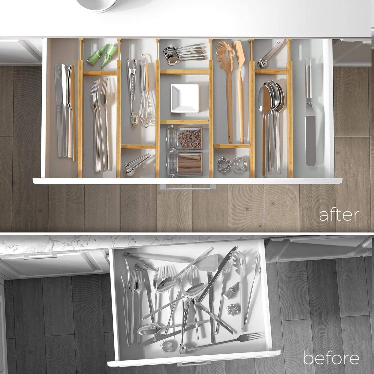 Adjustable Bamboo Drawer Dividers with Inserts, Expandable Spring-Loaded Drawer Organizer for Kitchen, Clothes, Tools, Silverware, Bamboo Organizer Separators - 6 Large Pieces