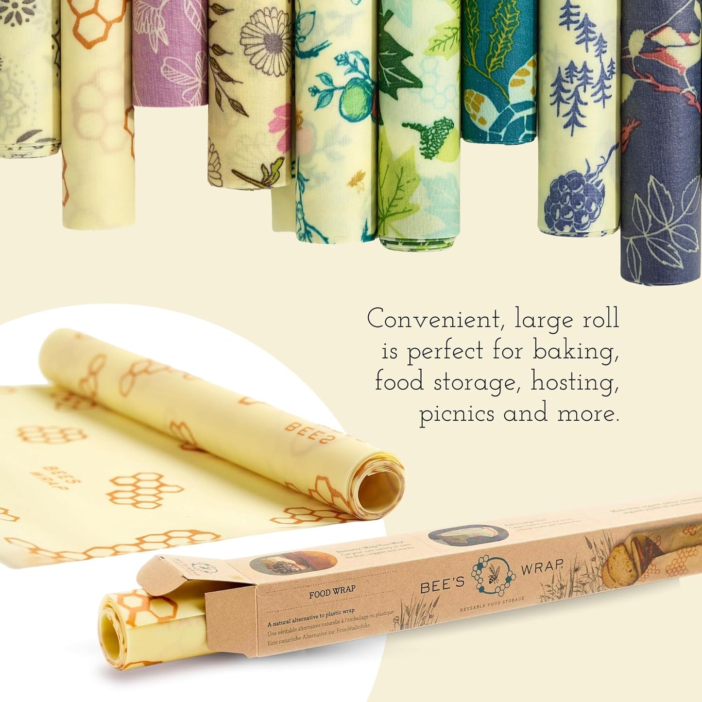 Bee's Wrap Beeswax Wraps for Food - Fresh Fruit Cut to Size 14x52" Wax Paper Roll - Made in USA Reusable Waxed Paper & Bowl Covers - Organic & Eco-Friendly Alternative to Aluminum Foil & Plastic Wrap