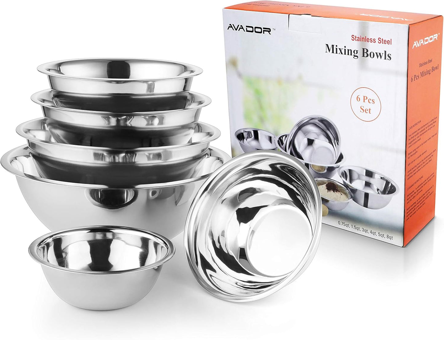 AVADOR Set of 6 Premium Stainless Steel Mixing Bowls Set, Easy To Clean, Space Saving Nestable Design, Great for Cooking, Baking, Prepping (0.75qt, 1.5qt, 3qt, 4qt, 5qt, 8qt)