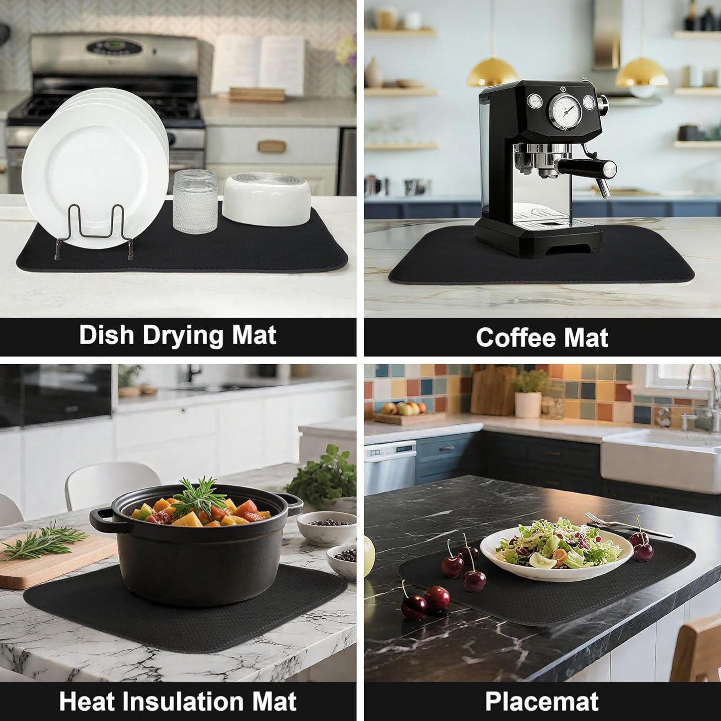 Black Dish Drying Mat XXL 17”x24” – Absorbent Kitchen Drying Mat for Kitchen Counter, Dish Rack Mat, Utensils, Pots & Pans – Dish Drying Pad, Drainer Mat, Dish Mats for Drying Dishes