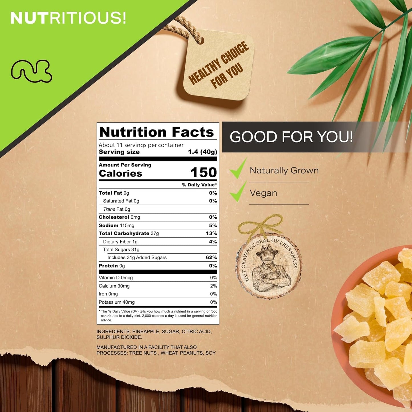 NUT CRAVINGS - Sun Dried Pineapple Chunks, Lightly Sweetened (16oz, 1 LB) Bulk Dry Fruits Packed Fresh in Resealable Bag - Sweet Healthy Snack, Naturally Grown, Vegan, Kosher