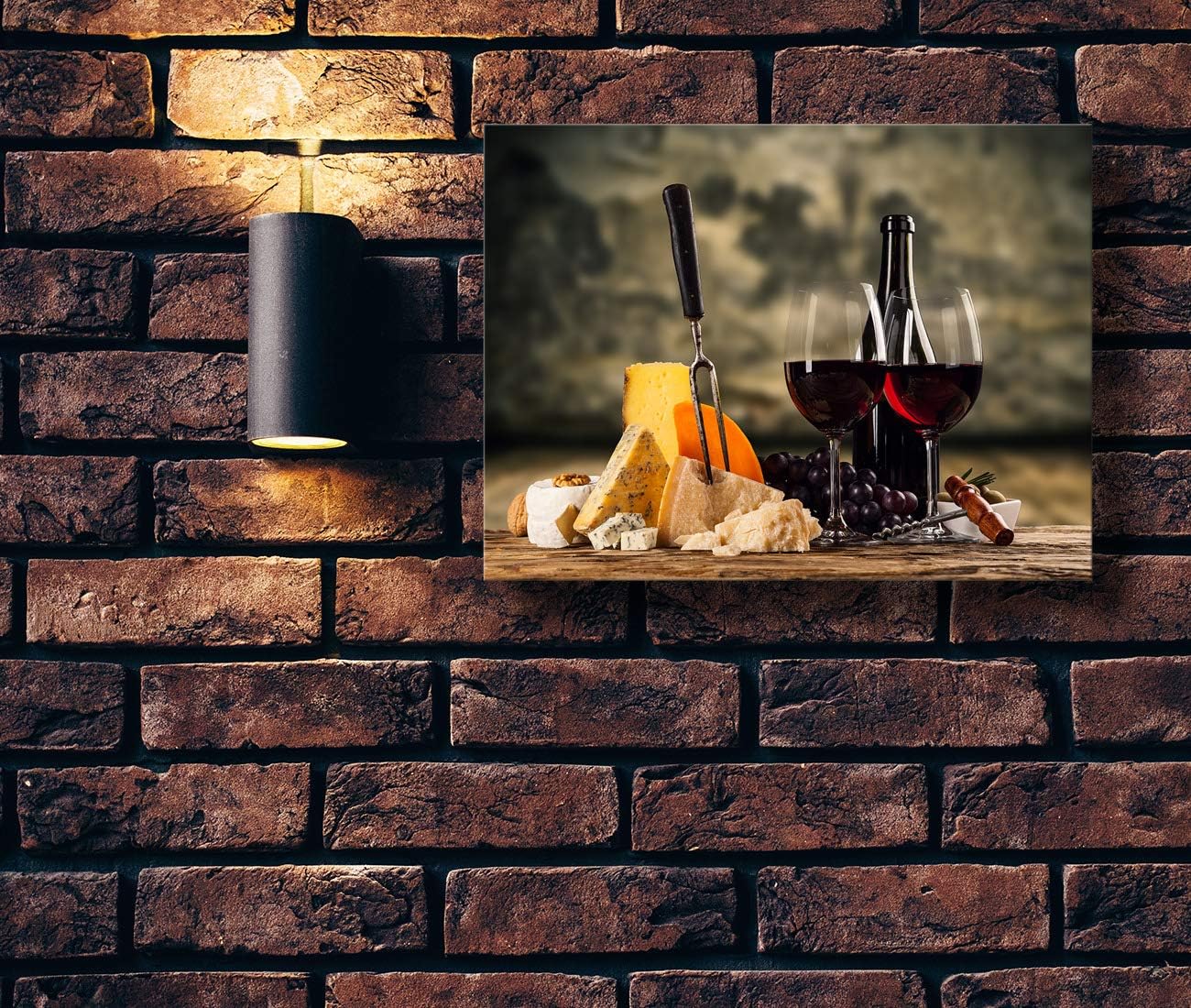 Looife Kitchen Still Life Canvas Wall Art, 24x18 Inch Gallery Wrapped Red Wine with Cheese Picture Prints Wall Decor, Food Art Deco for Dining Room and Bar Decoration