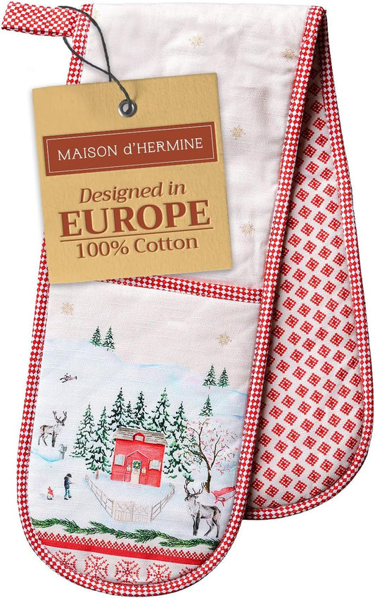 Maison d' Hermine Double Oven Mitts 100% Cotton 7"x35" Double Oven Mitt Heat Resistant BBQ Cooking Gloves with Loop, Baking, Grilling, Home, Kitchen, Handling Hot Pans (Rural Christmas)