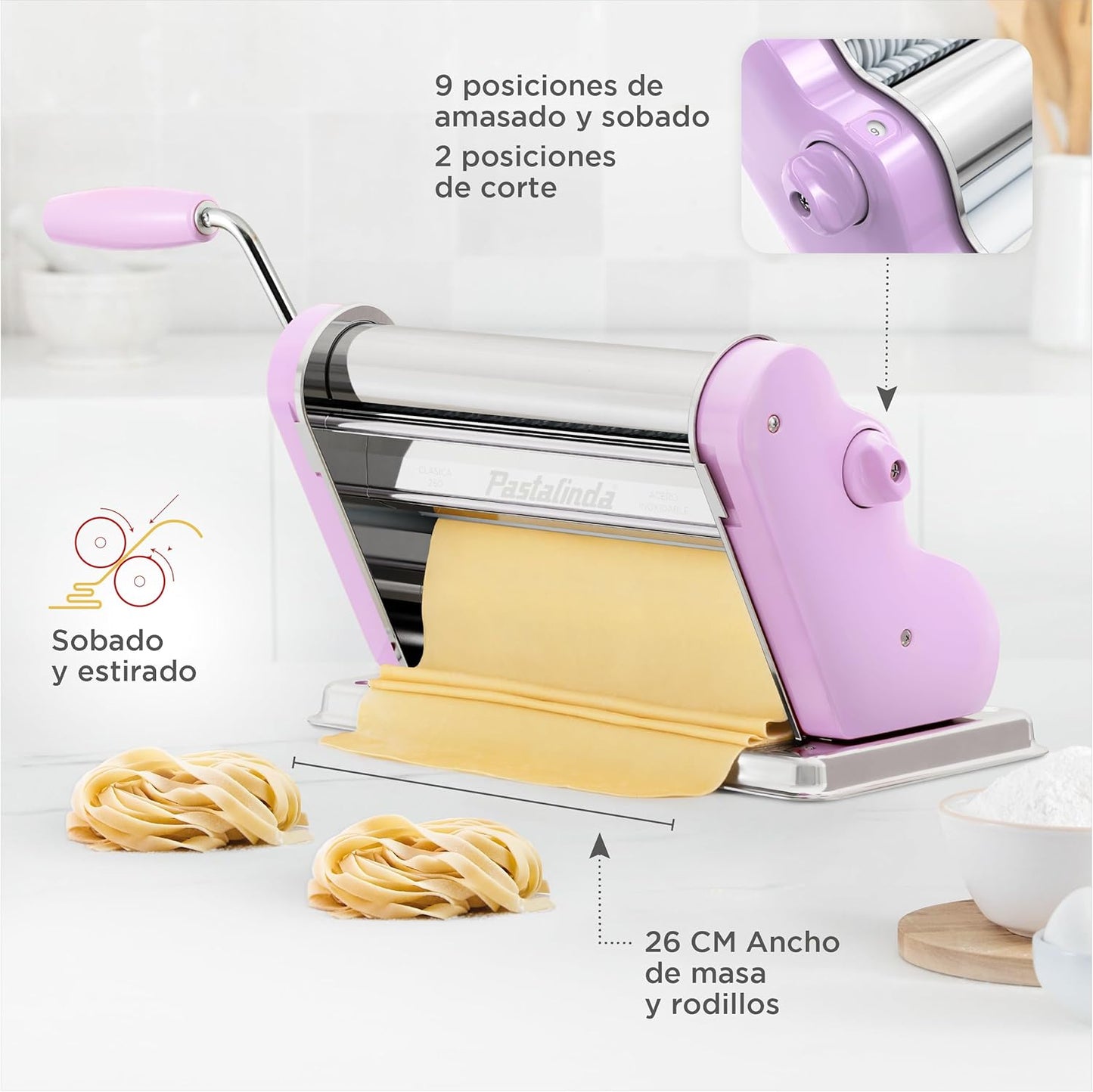 PASTALINDA Classic 260 Pasta Maker Machine, 26 cm Wide Rollers, 9 Thickness Positions, 2 Cutting Positions, Stainless Steel. Includes Reinforced Hand Crank And Two Clamps (Lilac)