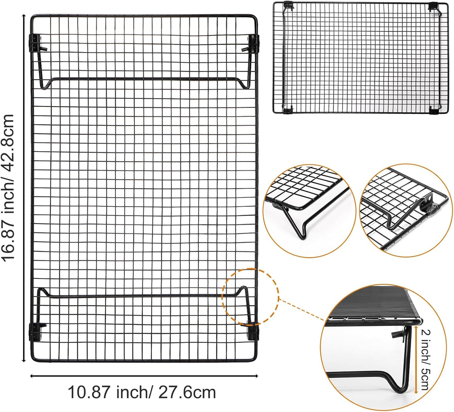 Kingrol 2-Piece Cooling Rack with Collapsible Folding Legs - for Cooking, Roasting, Drying, Grilling (Black)
