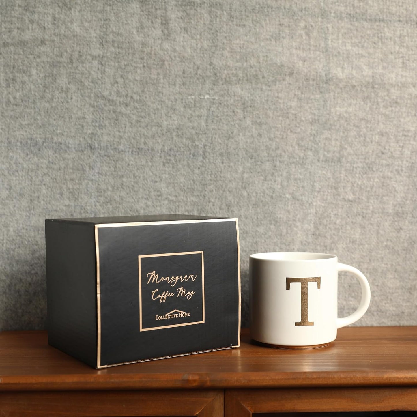 COLLECTIVE HOME - Monogram Ceramic Mugs, 15 oz Golden Initial Coffee Cups, Elegant Alphabet Tea Mugs, Elegant Personalized Mug with Gift Box, Unique Mug with Double Side Capital Letter (T)