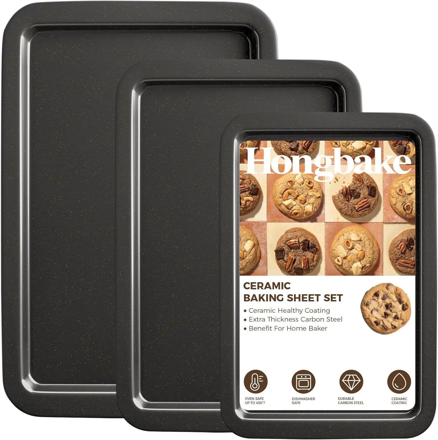 HONGBAKE Ceramic Baking Sheet Pan Set, Cookie Sheet for Oven, Bakeware Sets with Wider Grips, 3 Pack Half/Jelly Roll/Quarter Baking Tray, Premium, Dishwasher Safe - Dark Grey