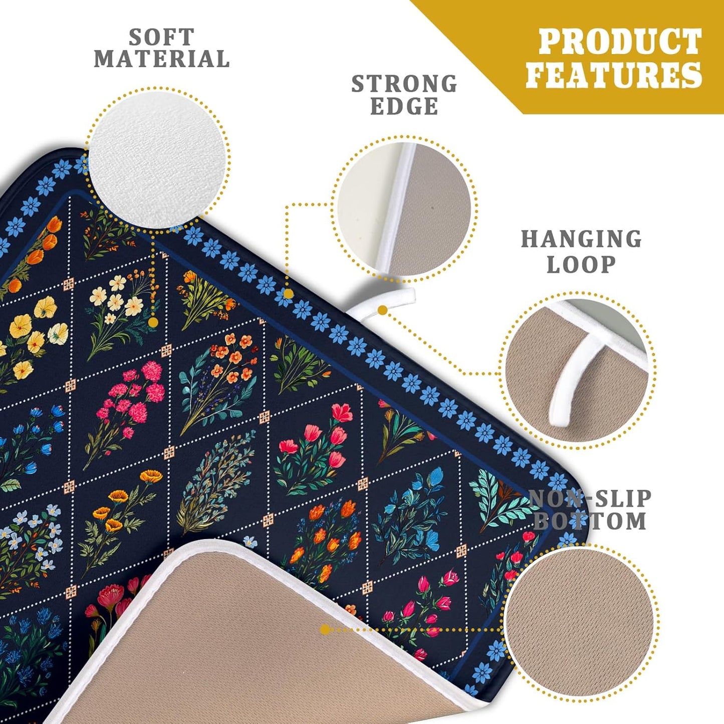 Lapis Blue Dish Drying Mat for Kitchen Counter Flowers Microfiber Absorbent Dish Draining Reusable Washable Small