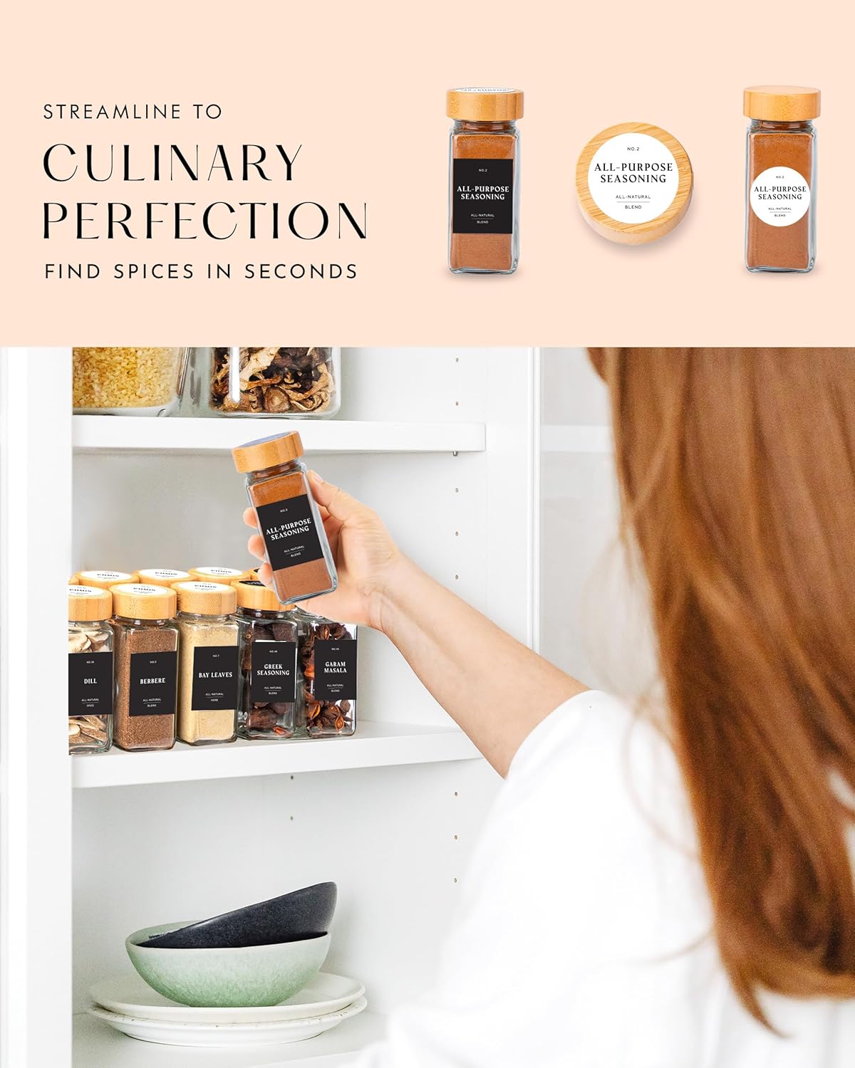 Bamboo Glass Spice Jars with Label and Shaker Lids Clear Empty 4oz 24 Pack Bottles Set, Square Glass Spice Containers with Labels Black, Seasoning Organizer Jars, Seasoning Containers with Labels Set