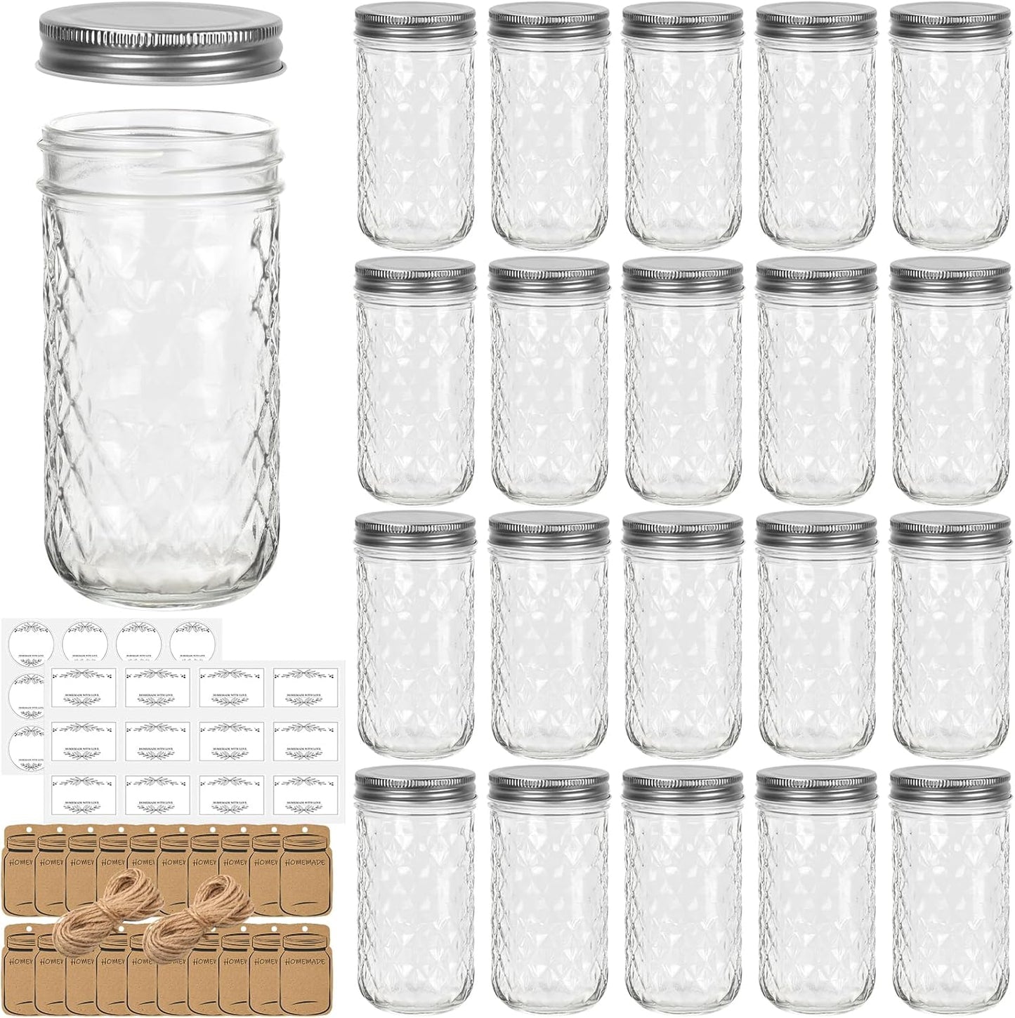 Eathtek 12 oz Mason Jars 20 Pack, 360ml Mini Canning Jars with Regular Lids for Jelly Herbs Spice Honey Storage, Small Glass Jars Candle jars, Extra Lids Tags Label Included