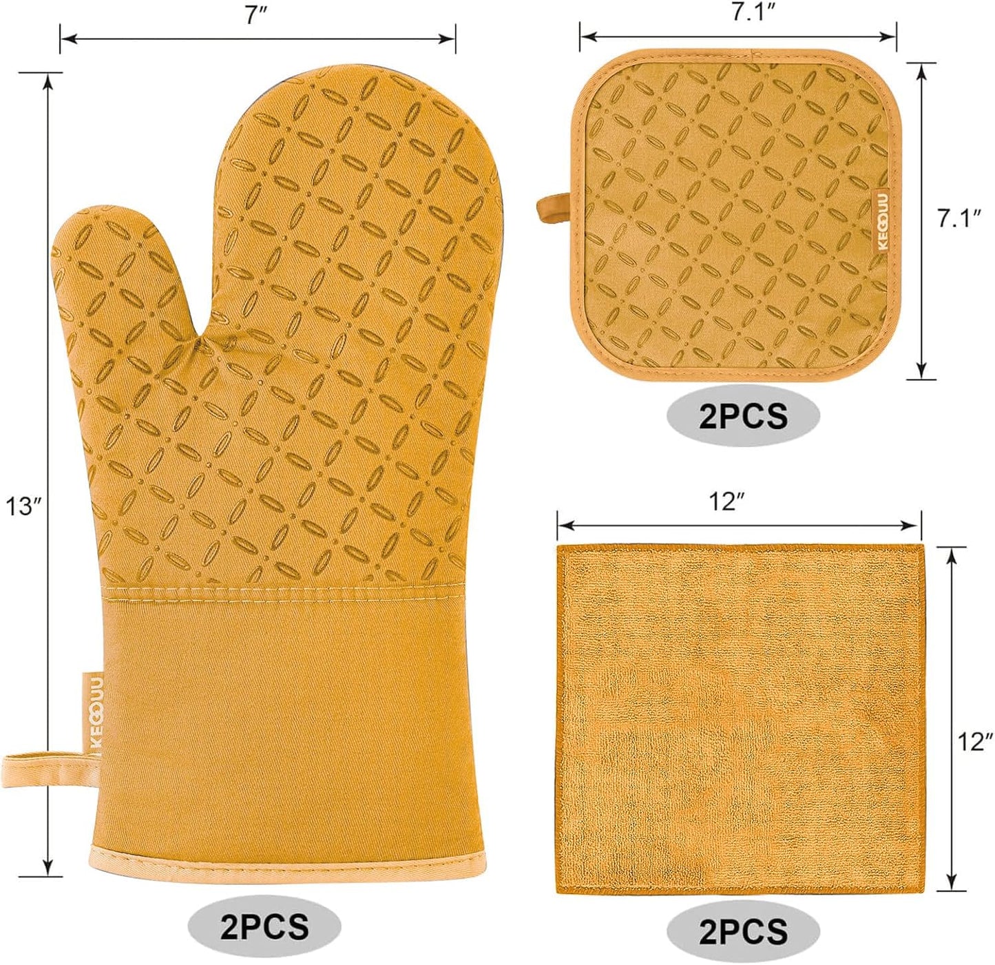 KEGOUU Oven Mitts and Pot Holders 6pcs Set, Kitchen Oven Glove High Heat Resistant 500 Degree Extra Long Oven Mitts and Potholder with Non-Slip Silicone Surface for Cooking （Orange）