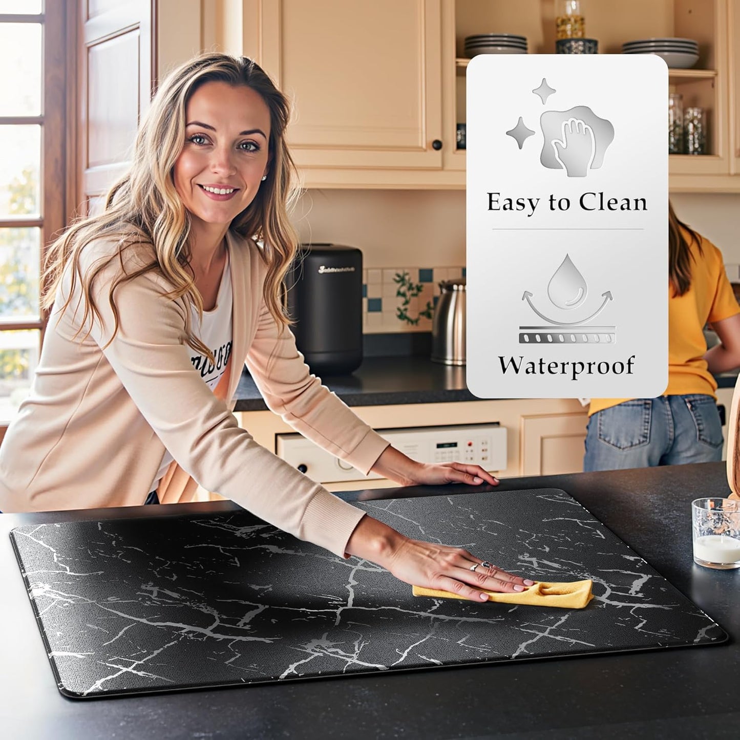 Silver Foil Stamped Marble Kitchen Mats for Floor 2PCS Cushioned Anti Fatigue Non Slip Waterproof Comfort Leather Kitchen Rugs 2/5 Inch PVC Kitchen Mats for Sink, Laundry, 17.3"x28"+17.3"x59", Black