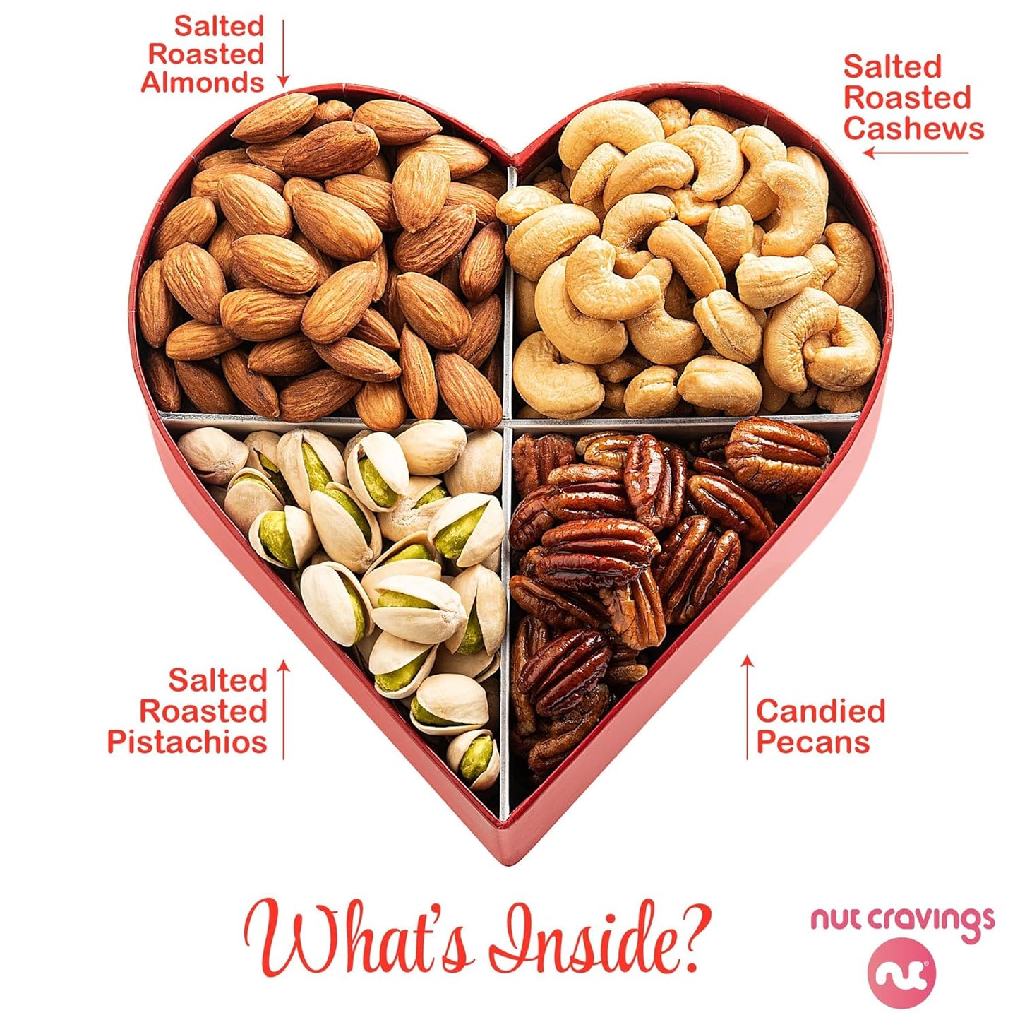 NUT CRAVINGS - Mixed Nuts Heart Shaped Gift Basket, Love in A Box (4 Assortments) Romantic Food Arrangement, Healthy Snack Care Package, Food Assortments