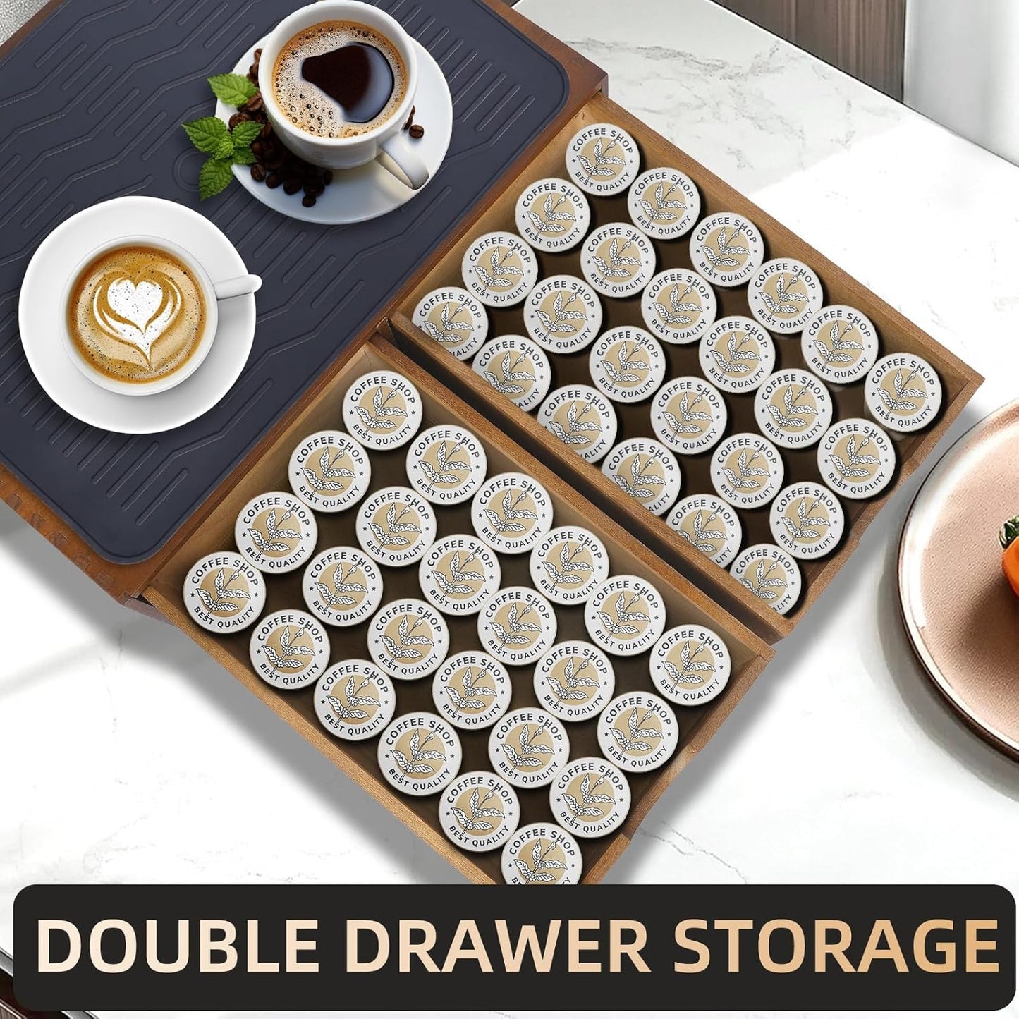 Wooden Coffee Pod Holder Drawer With Silicone Non-Slip Pad,K Cup Organizer Storage Box,Kcup Drawer and Tea Organizer Under Brewer,30 Pod Capacity,Countertop Coffee Station Organizer for Machine Stand