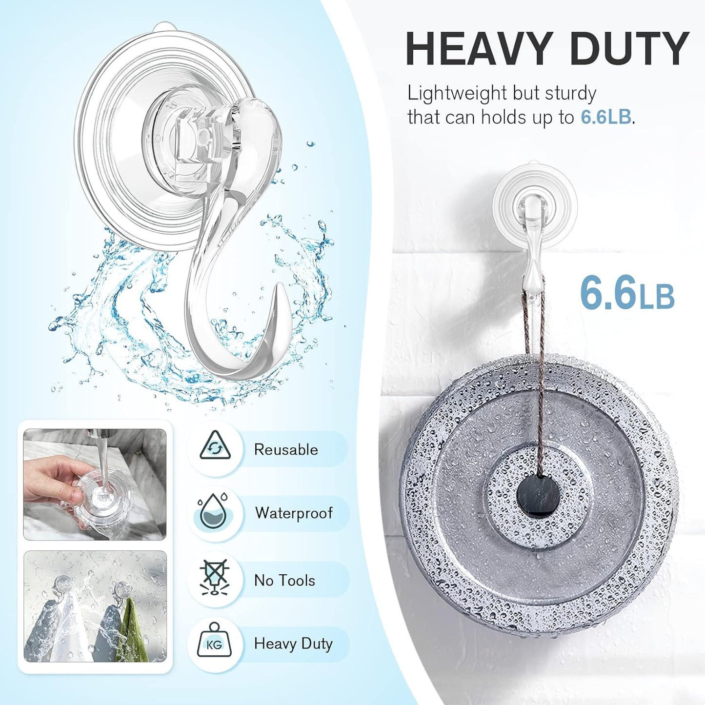 VIS'V Suction Cup Hooks, Small Shower Suction Hooks with Wipes, Heavy Duty, Removable and Reusable, Clear, 6 Pcs