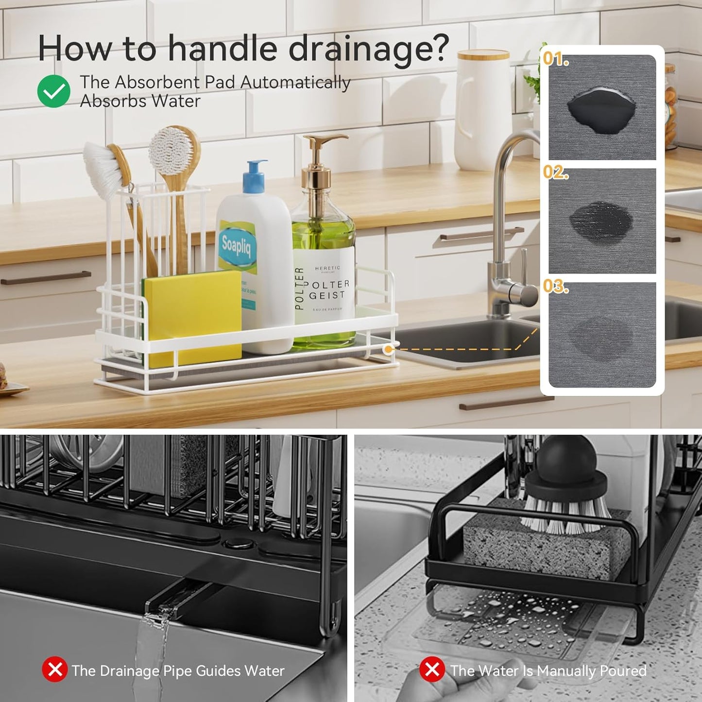 Yofidra Sink Caddy with Stone Drying Tray: Stainless Steel Soap Dispenser Kitchen Sink Organizer Set, Sponge Holder Counter Accessories Decor for Kitchen Organizers and Storage 8.1x3.5x4.5 in White