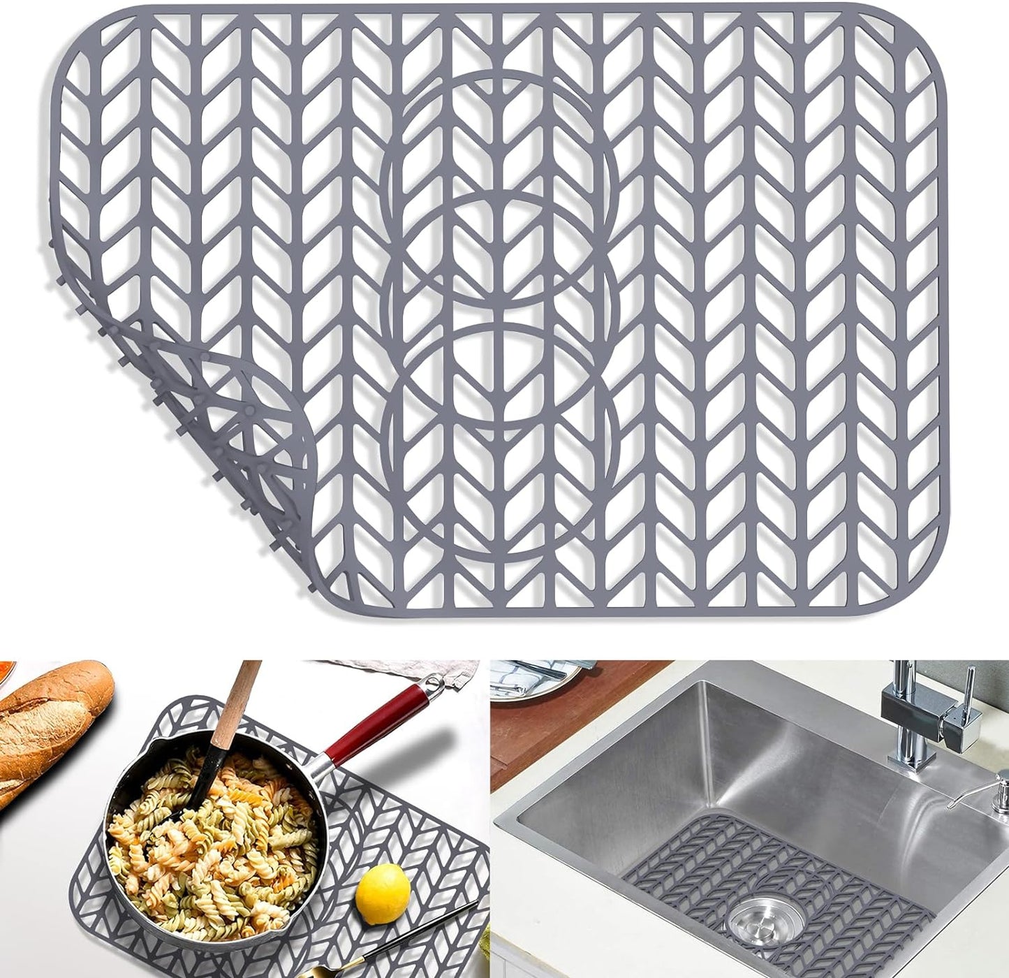 GUUKIN Sink Protectors for Kitchen Sink 19x13 & 24x12.5 & 13x11 & 26x14 & 28x14 & 29x15, Large Silicone Mats Grid for Bottom of Farmhouse Stainless Steel (19x12.5 with 3 Reserved Holes)