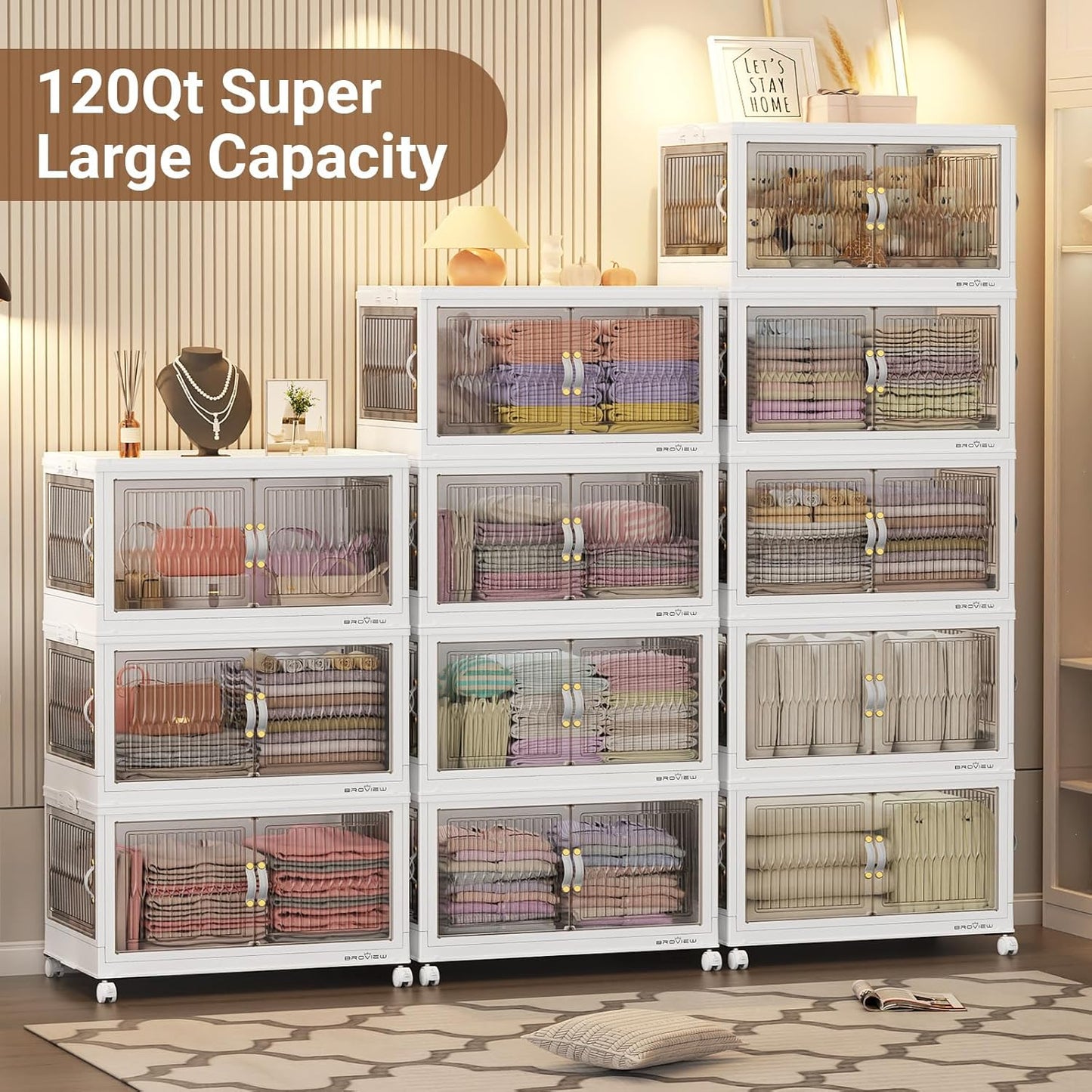 600QT Large Stackable Storage Bins with Lids, Plastic Closet Organizer and Storage Drawer, Collapsible Storage Box with Wheels, Folding Storage Cabinet with Doors for Home Kitchen, 5Pack White