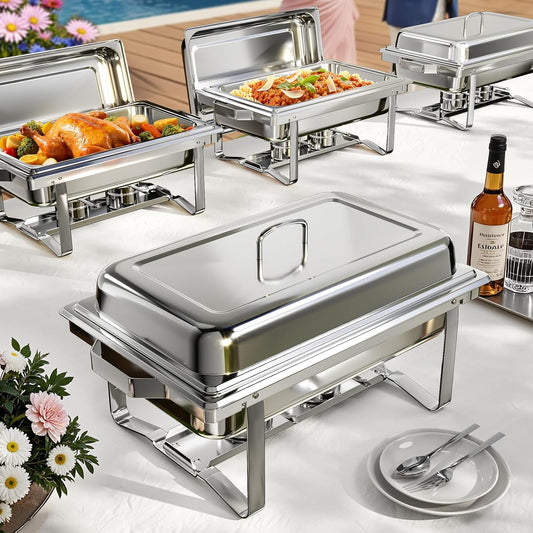 Chafing Dishes for Buffet 4 Pack, 9QT Chafing Dish High Grade Stainless Steel Chafer Complete Set,Steel Handle, Catering Events Complete Buffet Warmer Set (Silver, 4)