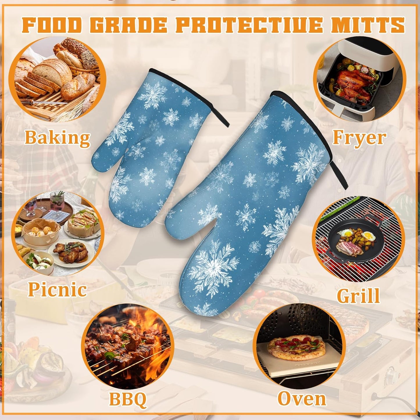 Snowflakes Oven Mitts and Pot Holders,Christmas Heat Resistant Oven Mitts Gloves and Pot Holder for Home Kitchen Decorations Cooking Baking BBQ Gifts,Set of 4
