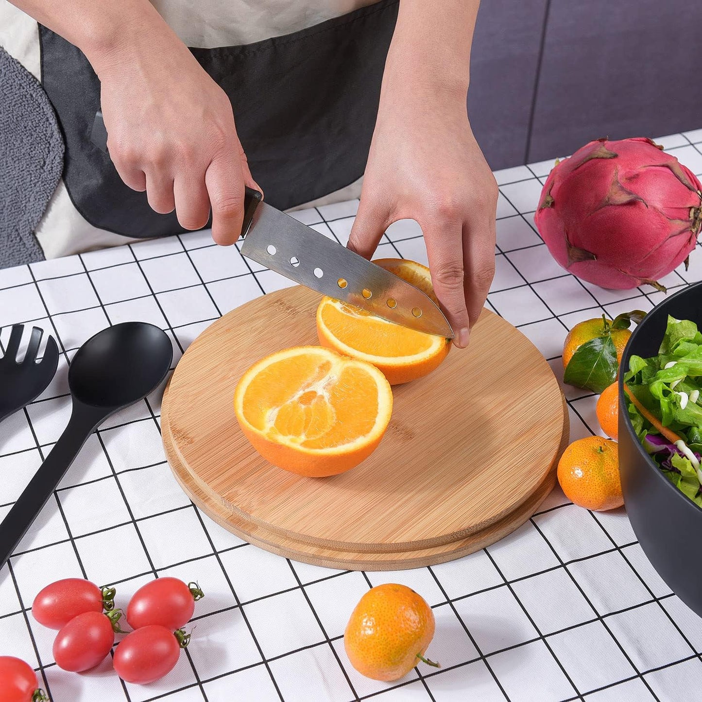 Bamboo Fiber Salad Bowl with Servers Set Large 9.8inches Nature Bamboo Mixing Bowl with Servers with Lid Spoon and Fork for Fruits,Salads and Vegetables